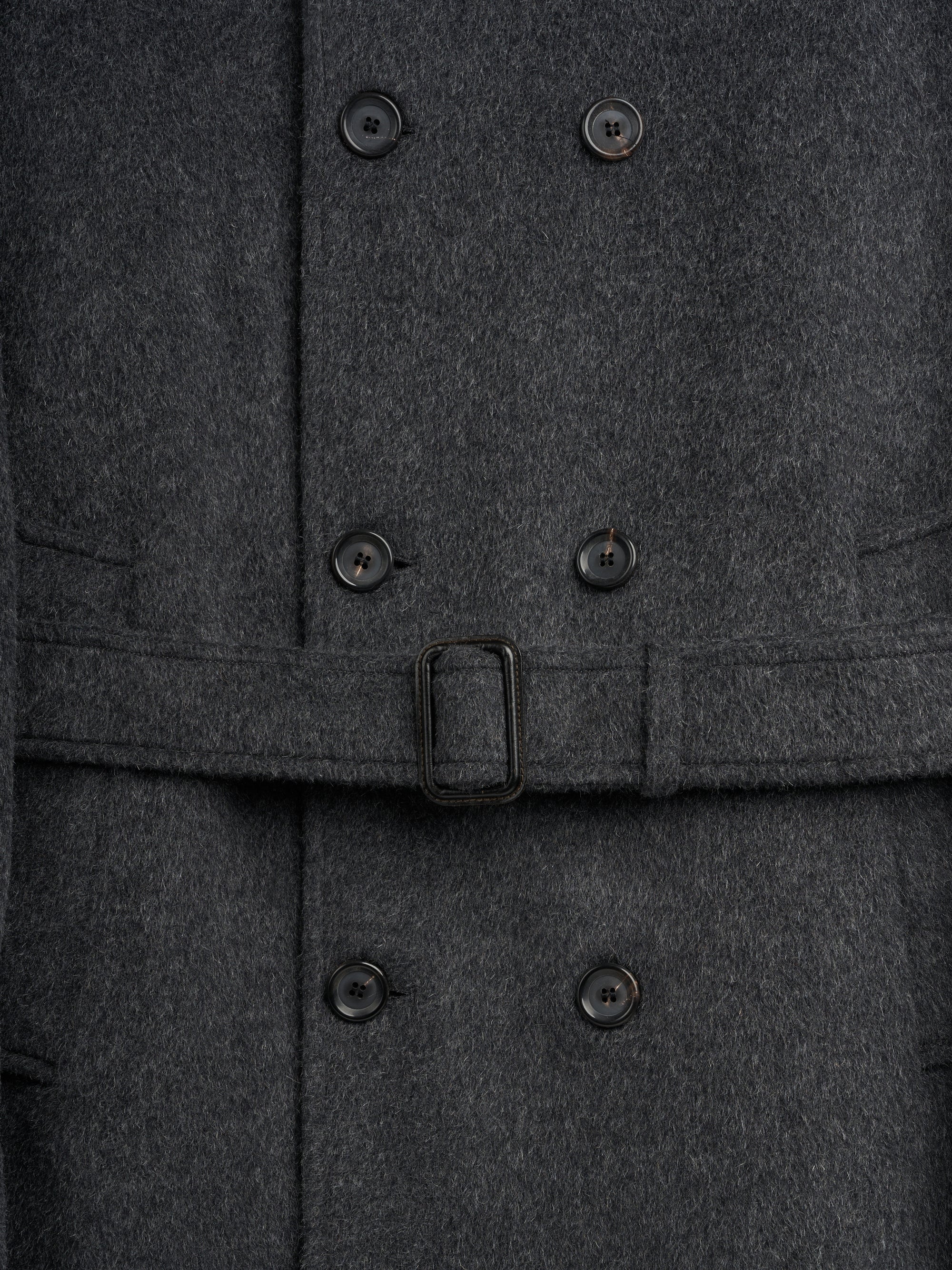 Button and belt shot of men's Charcoal Recycled Wool And Mohair Trench Coat