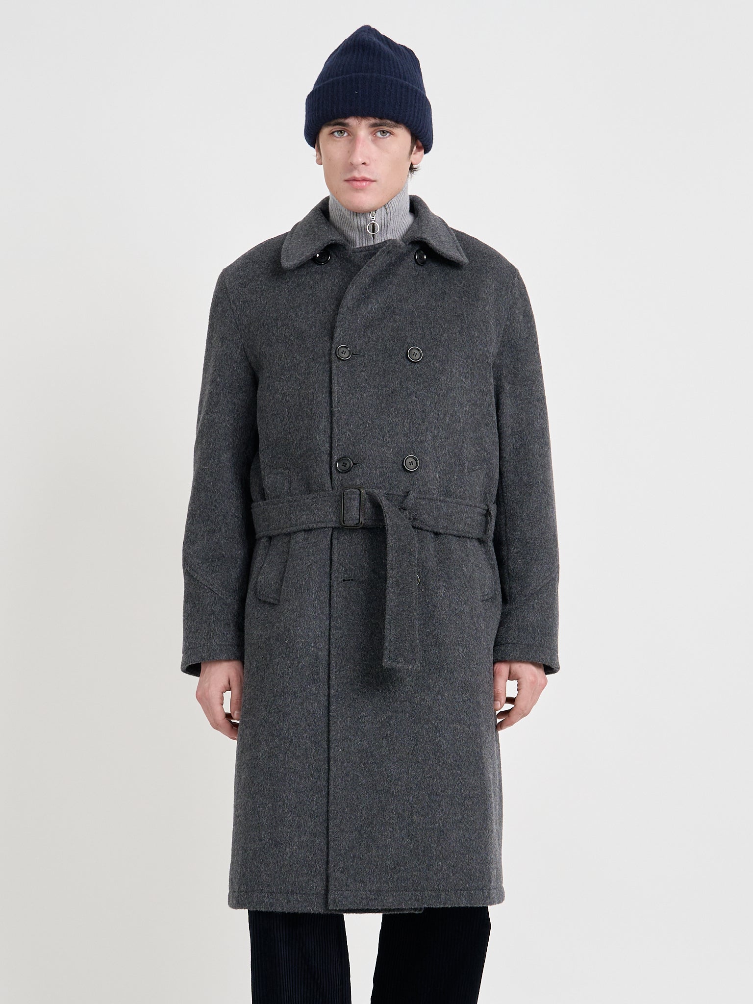 Close up shot of model wearing men's Charcoal Recycled Wool And Mohair Trench Coat
