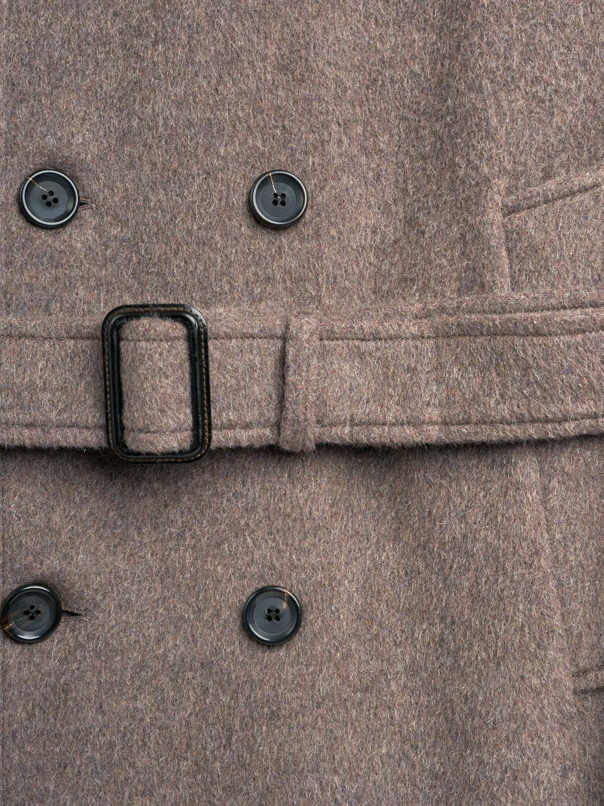 Detailed button and belt shot of Oliver Spencer Men's Taupe Double-Breasted Wool Trench Coat