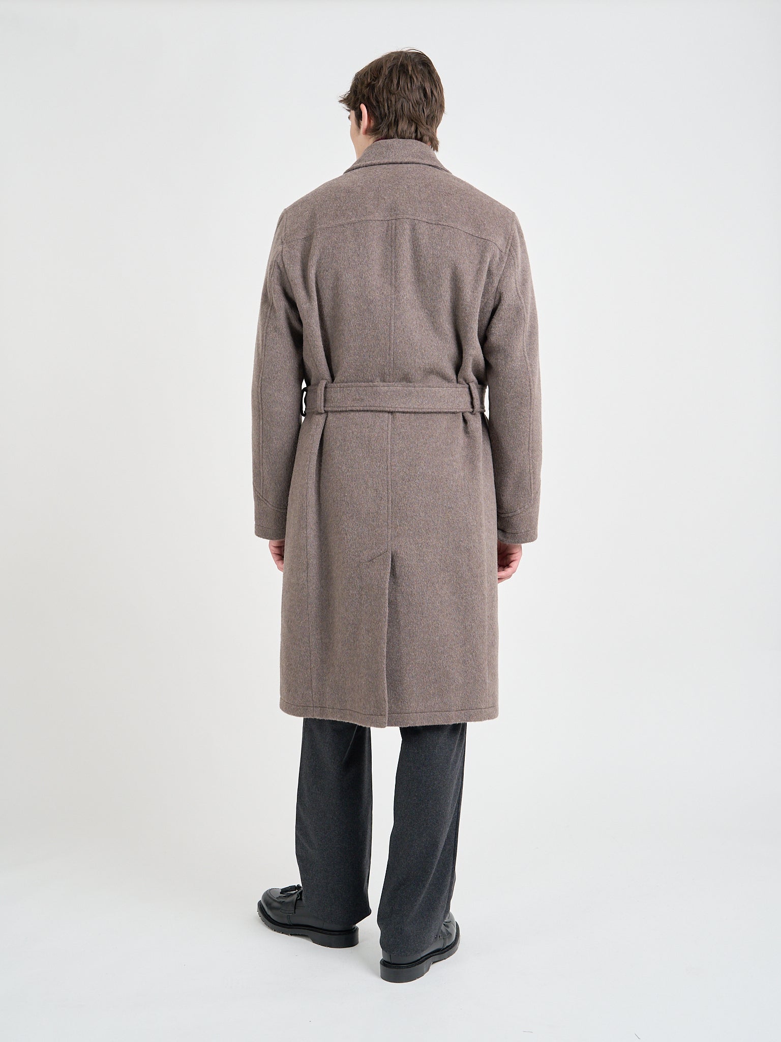 Back shot of model wearing Oliver Spencer Men's Taupe Double-Breasted Wool Trench Coat