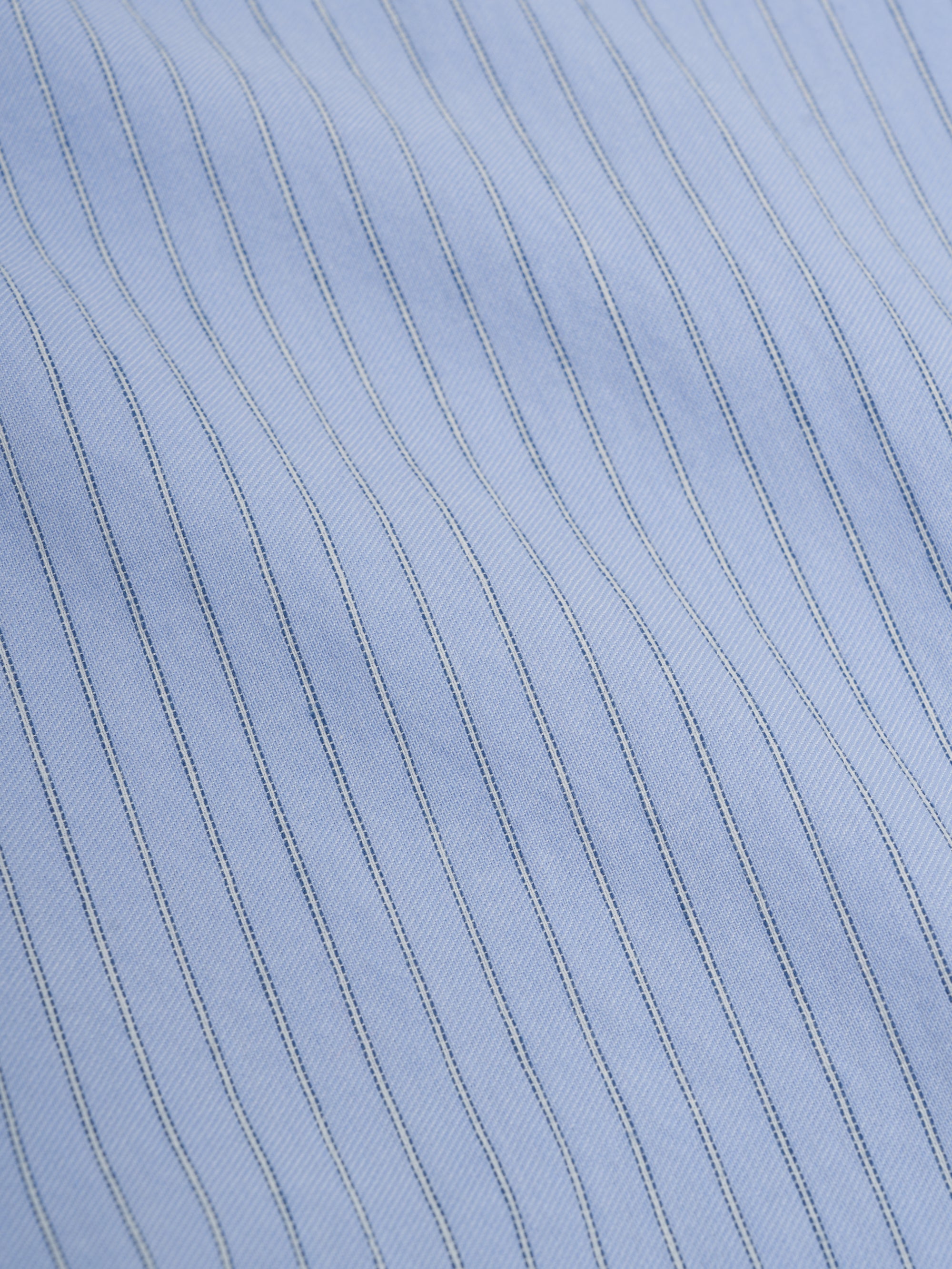 Close up material shot of Oliver Spencer Men's Pale Blue Pinstripe Organic Cotton Button-Down Shirt