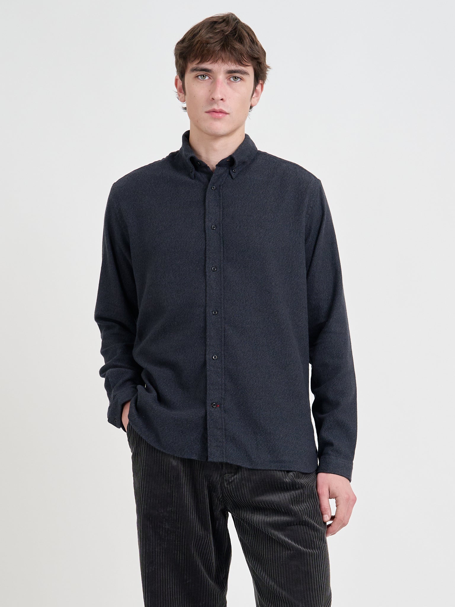 Close up shot of model wearing Oliver Spencer Men's Navy Brushed Cotton Button-Down Shirt