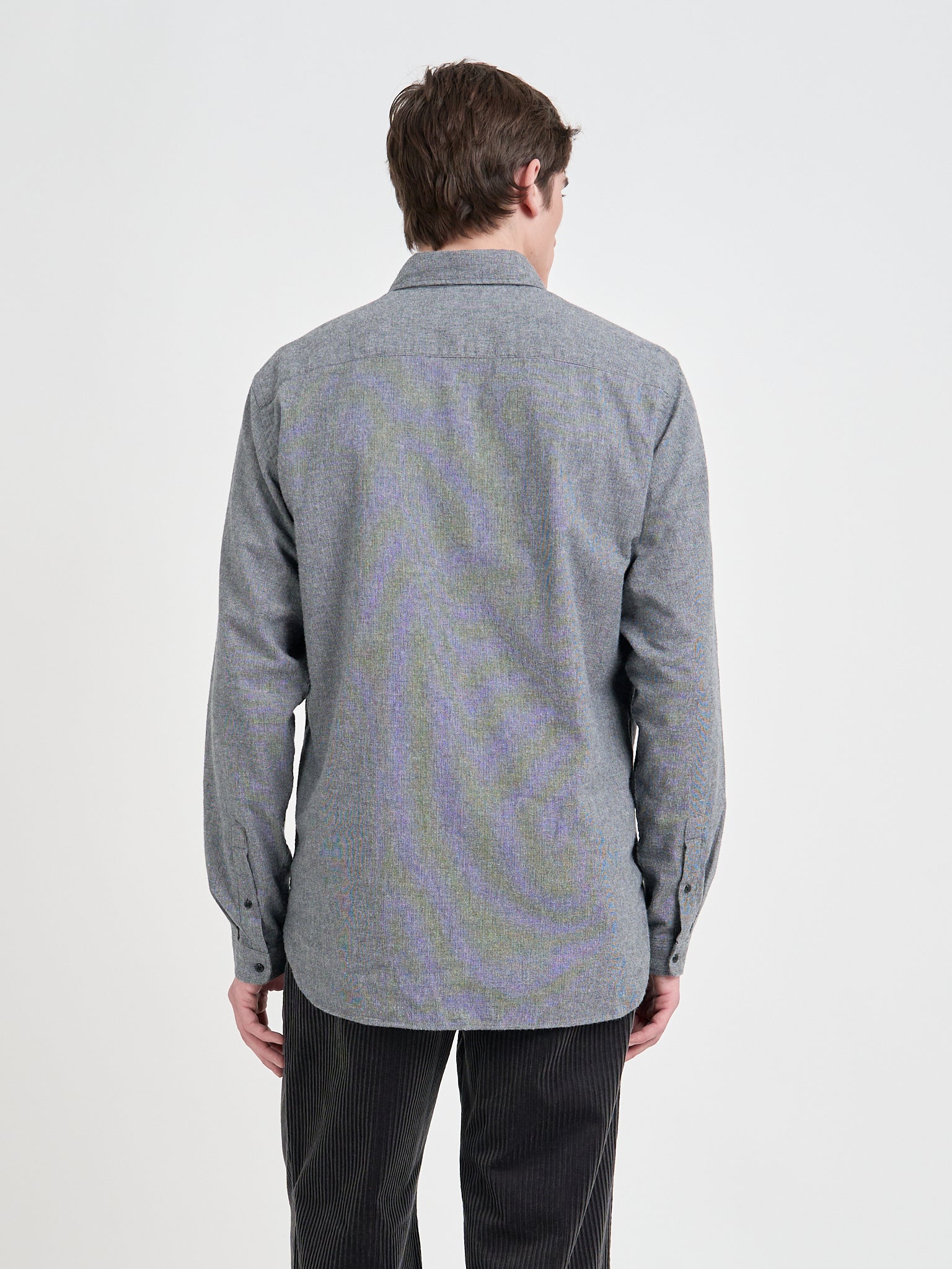 Back shot of model wearing Oliver Spencer Men's Grey Brushed Cotton Button-Down Shirt