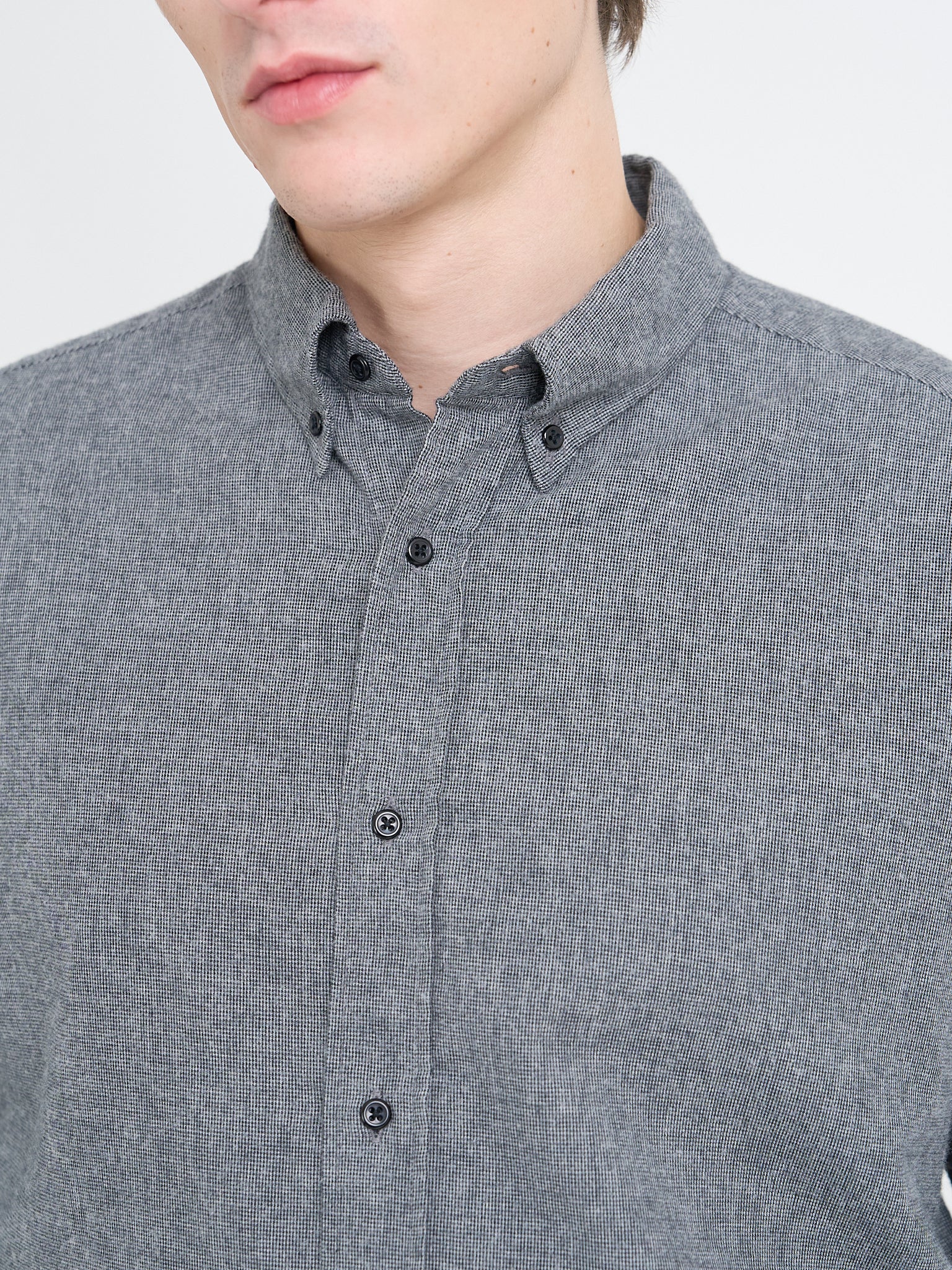 Detailed collar shot of model wearing Oliver Spencer Men's Grey Brushed Cotton Button-Down Shirt
