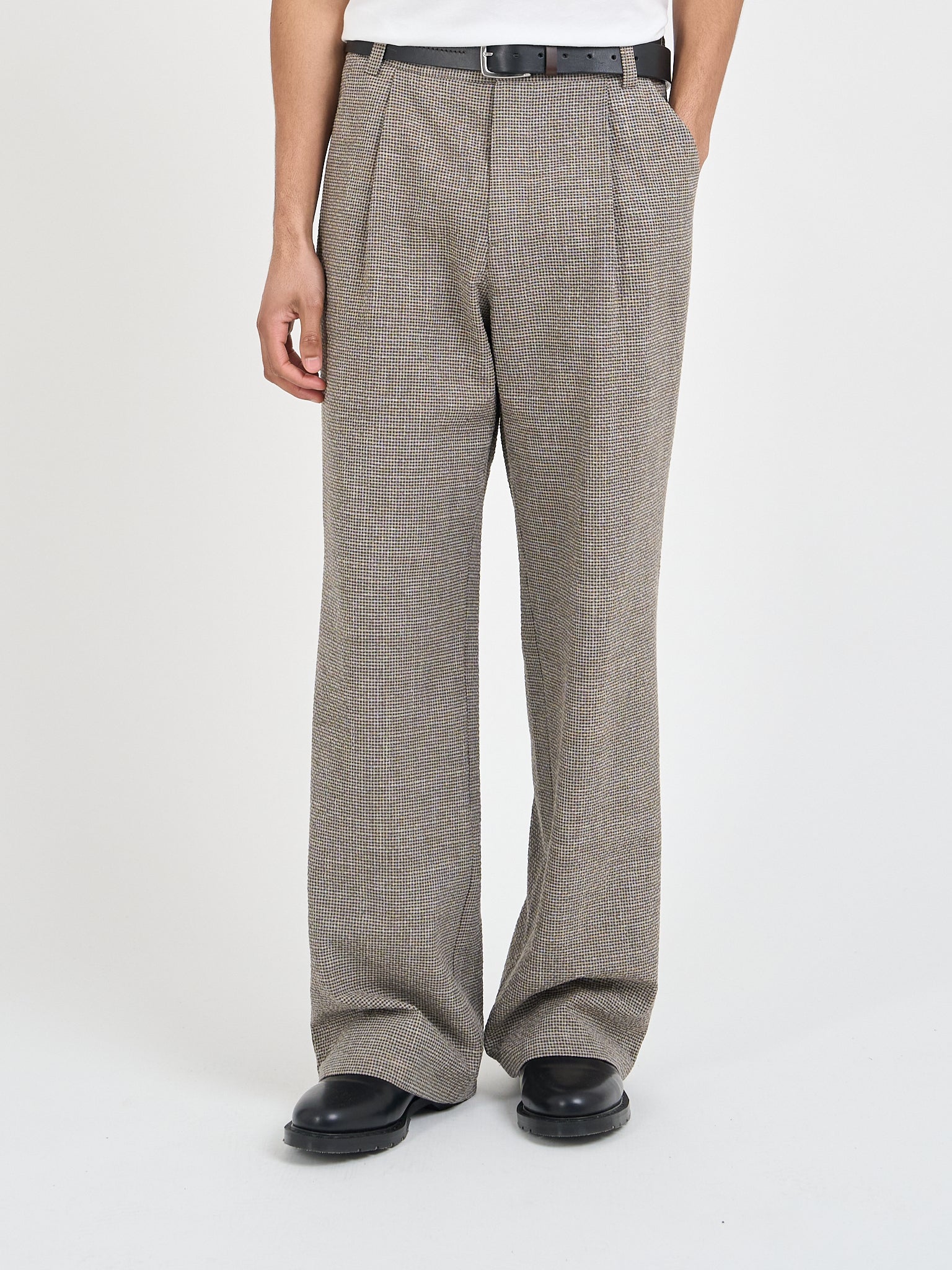 Oliver Spencer Orsman wide-leg Hilliard brown micro-check trousers, front view