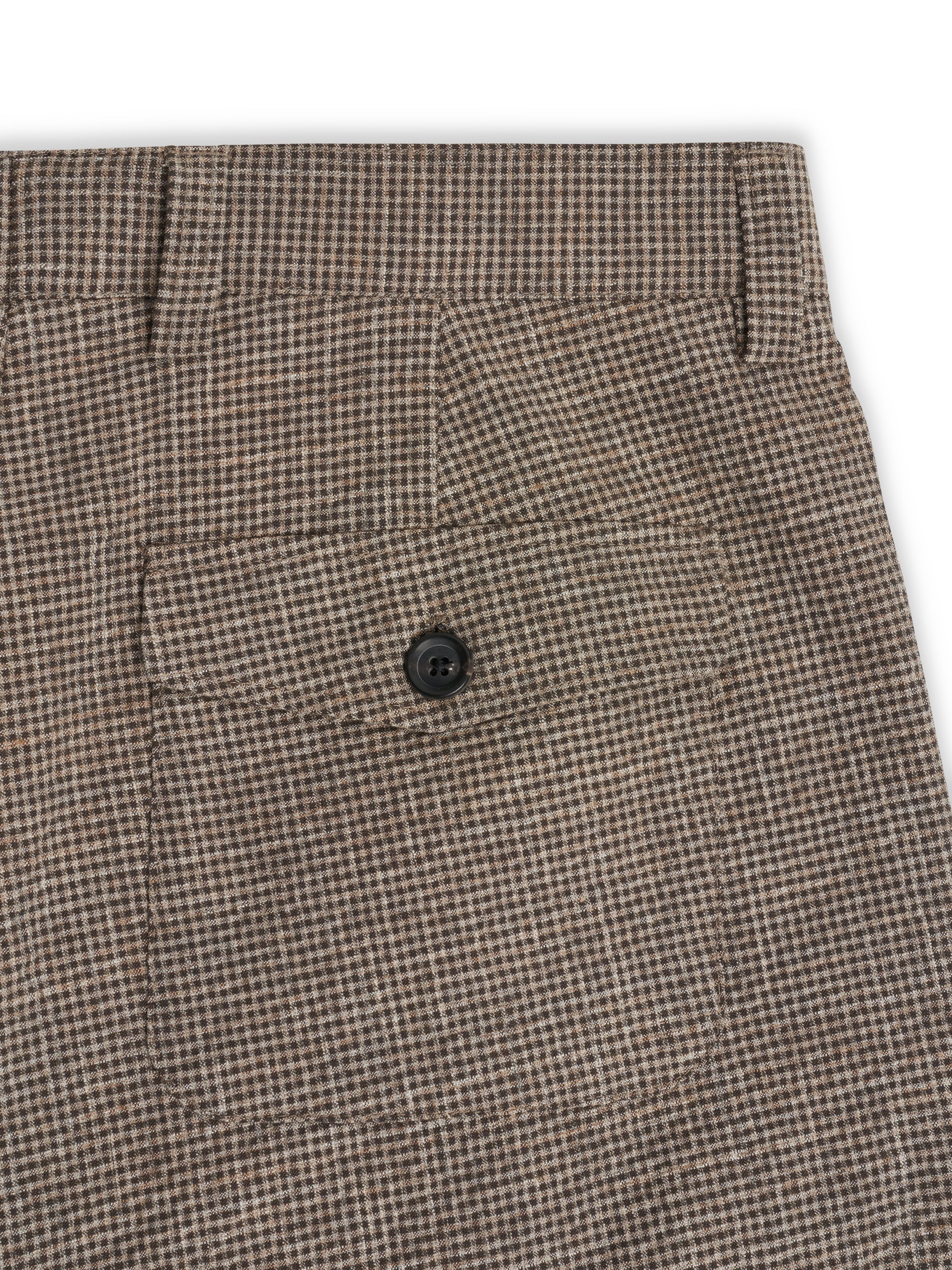 Rear pocket detail on Hilliard brown wide-leg Orsman trousers