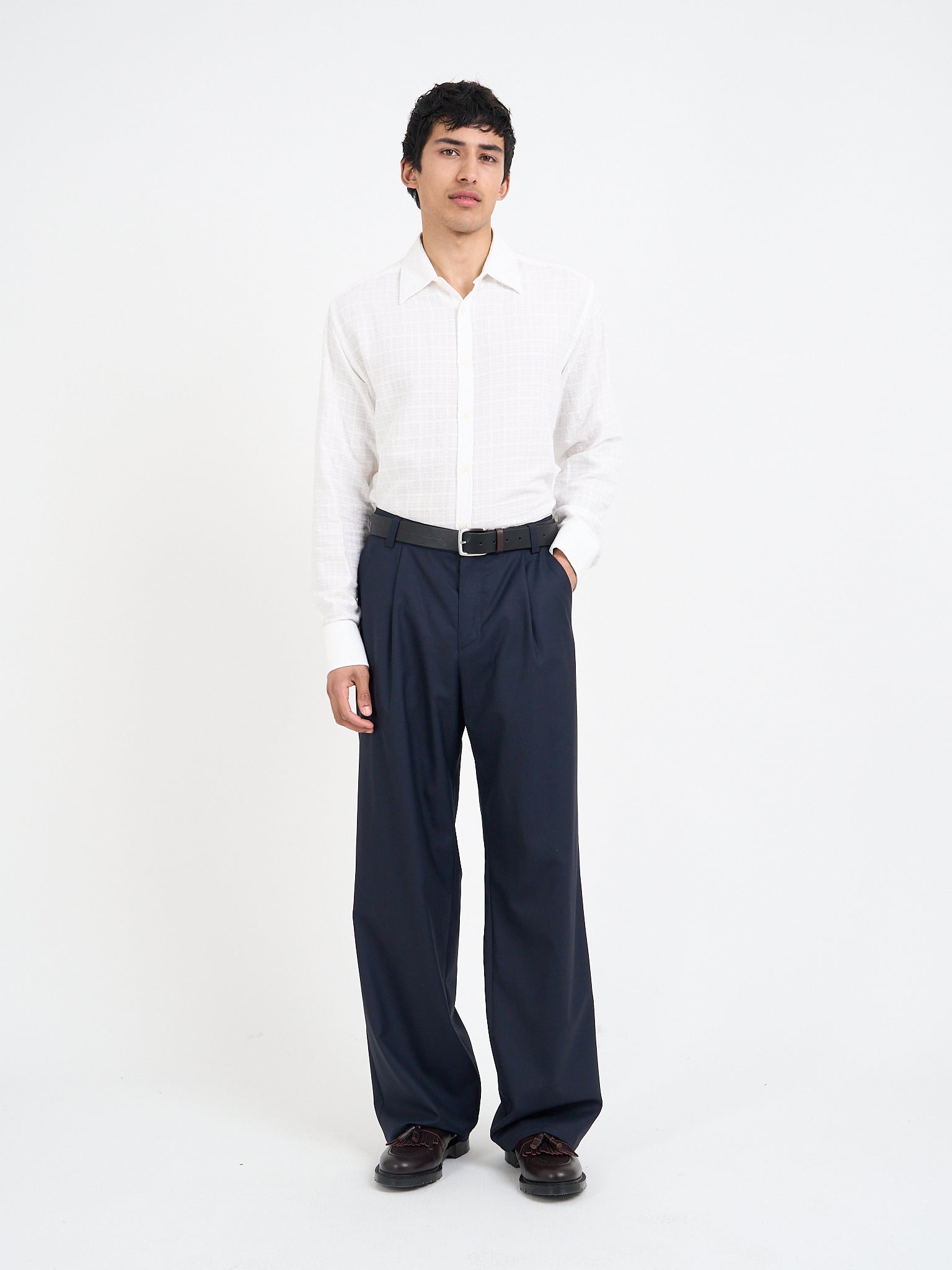 Orsman wide-leg trousers in navy tropical wool, front view