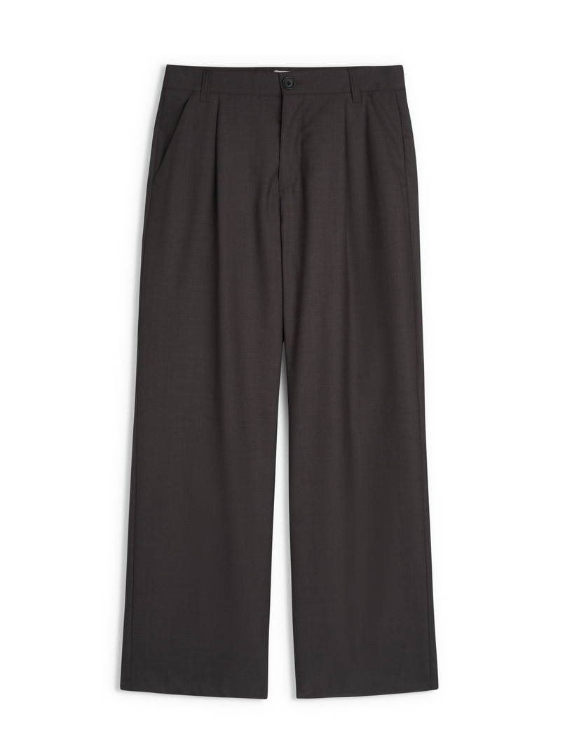 Flat lay of Orsman trousers in brown tropical wool