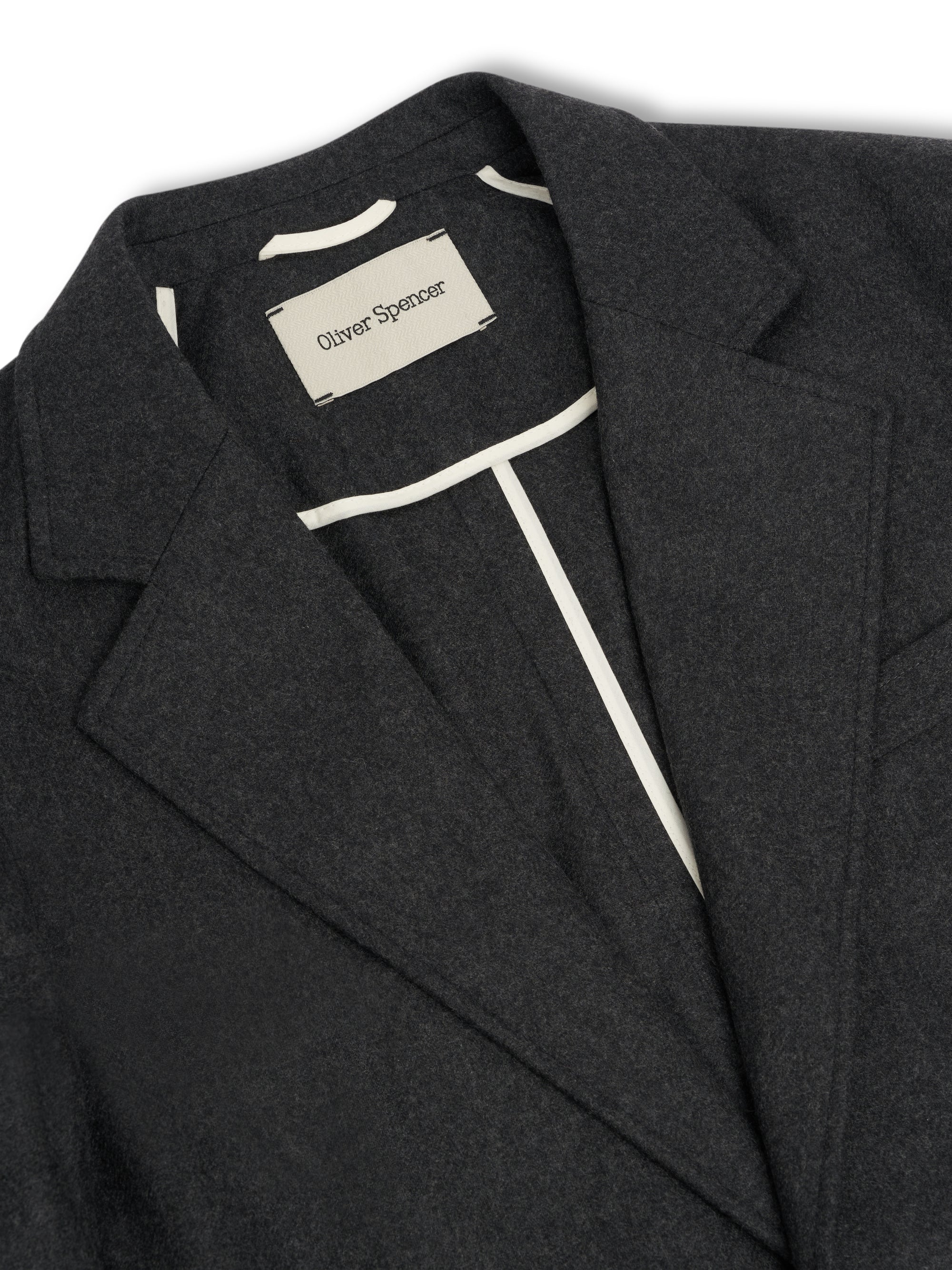 Detailed collar shot of Oliver Spencer Men's Charcoal Grey Wool Single-Breasted Jacket 