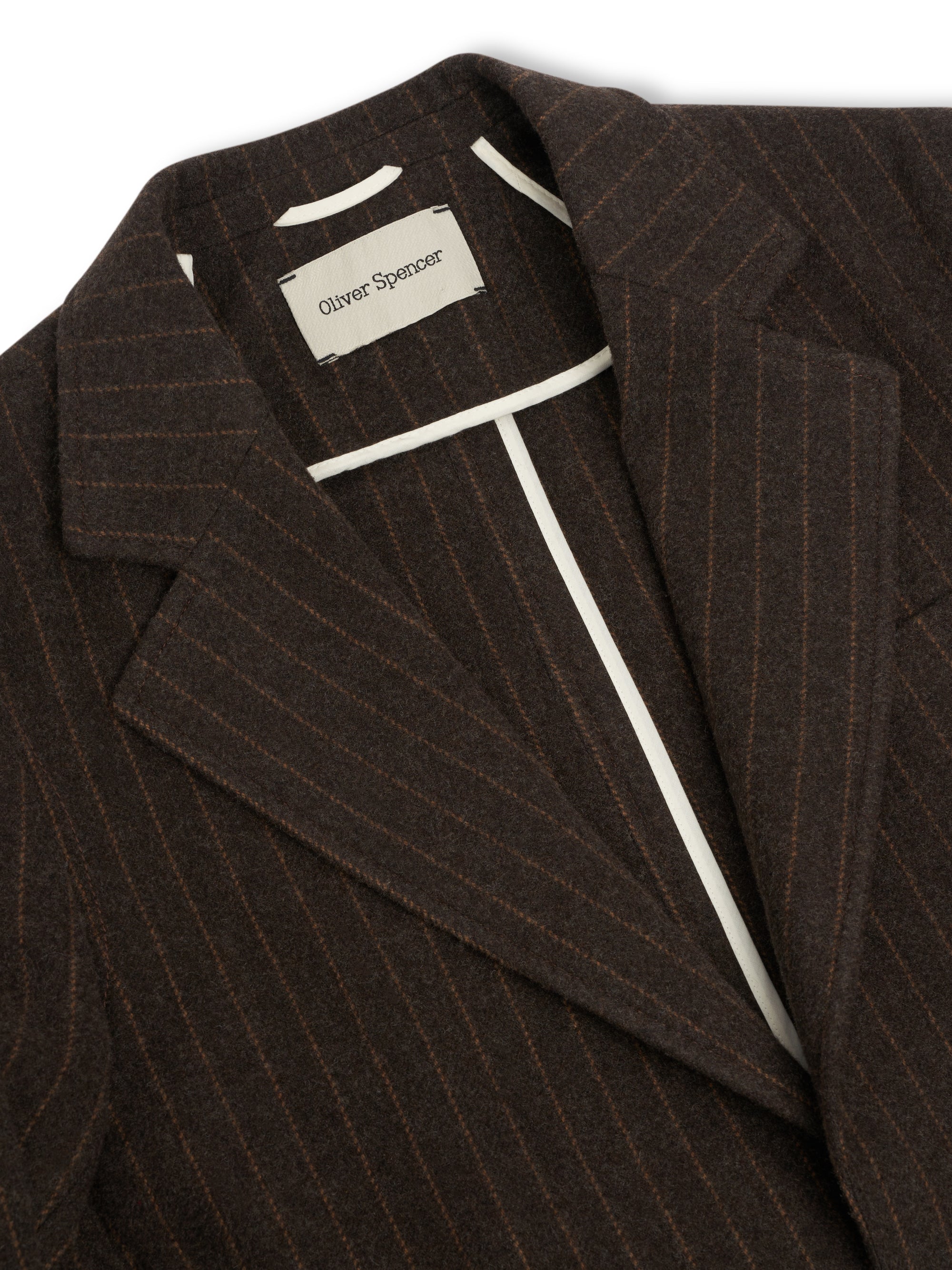 Close up collar shot of Oliver Spencer Men's Single-Breasted Brown Striped Blazer
