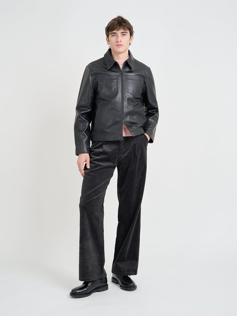 Video shot of model wearing Oliver Spencer Men's Black Leather Jacket