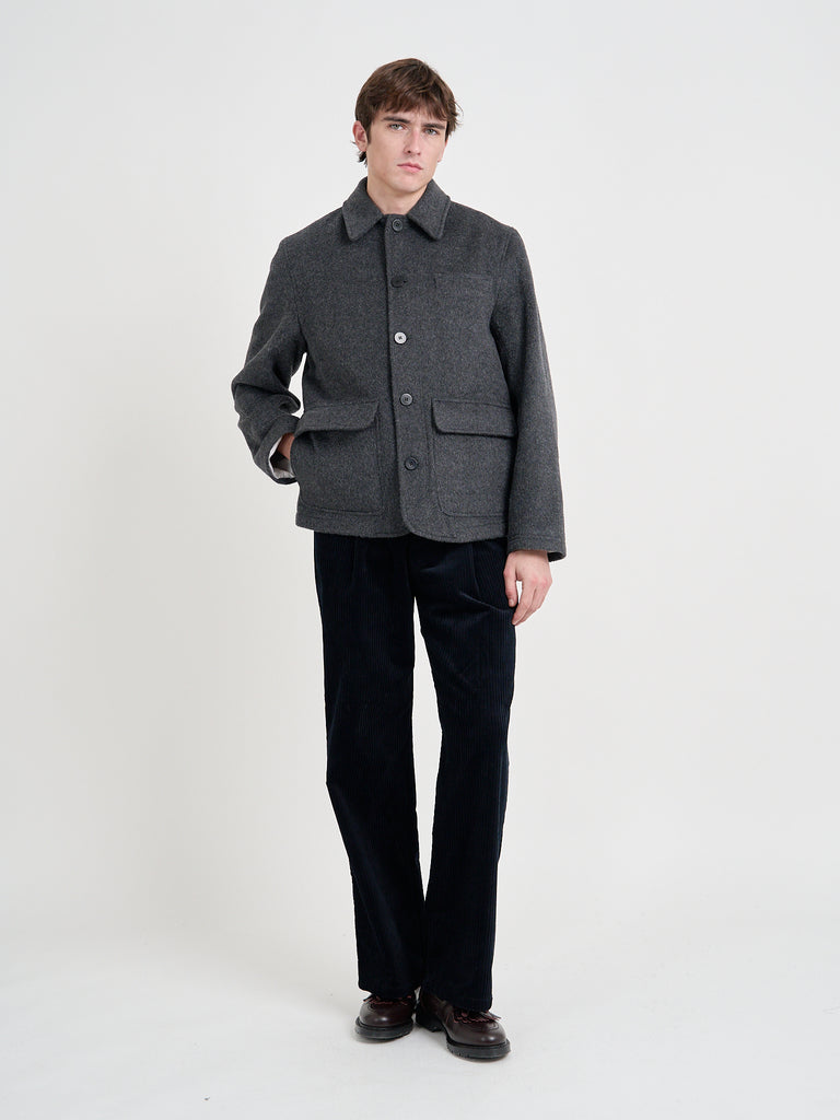 Video of model wearing Oliver Spencer Men's Charcoal Recycled Wool And Mohair Chore Jacket