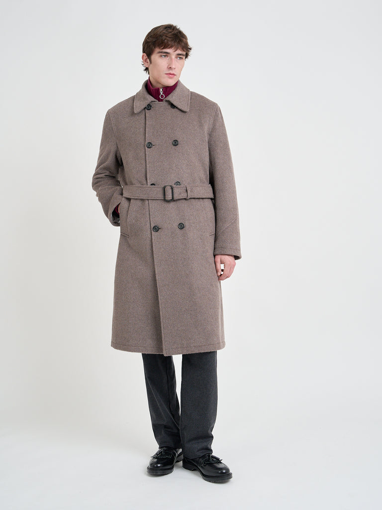 Video of model wearing Oliver Spencer Men's Taupe Double-Breasted Wool Trench Coat