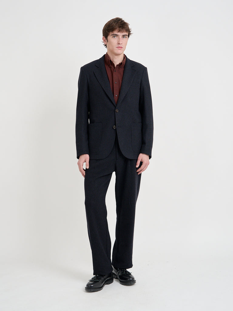 Video of model wearing Oliver Spencer Men's Black Wool Single-Breasted Black Jacket