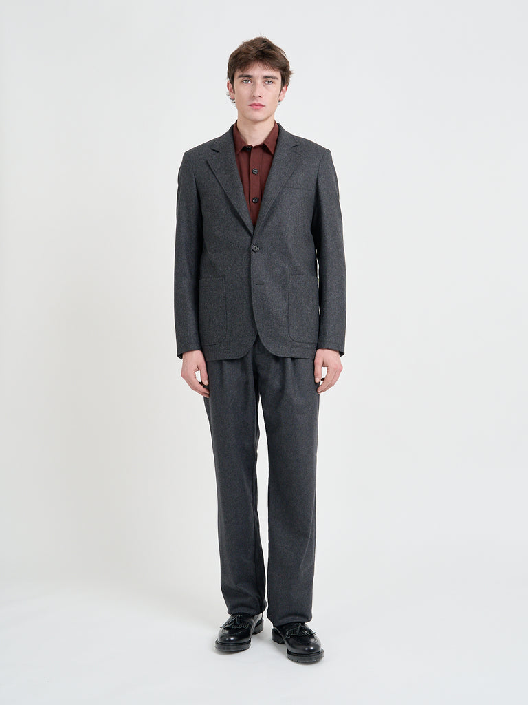 Video of model wearing Oliver Spencer Men's Charcoal Grey Wool Single-Breasted Jacket