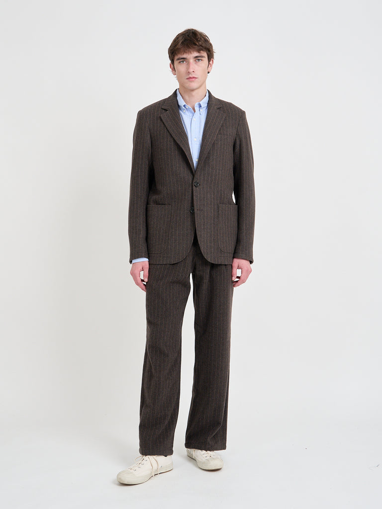Video of model wearing Oliver Spencer Men's Single-Breasted Brown Striped Blazer
