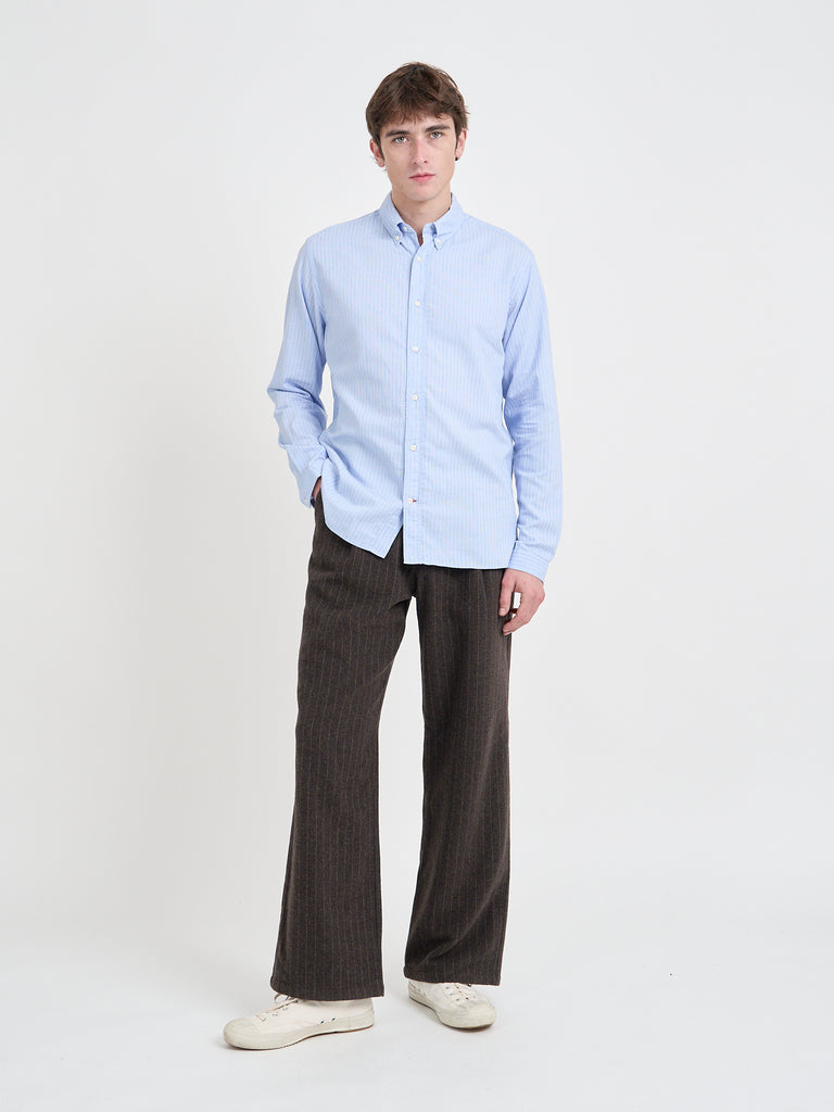 Video of Model wearing Oliver Spencer Men's Pale Blue Pinstripe Organic Cotton Button-Down Shirt