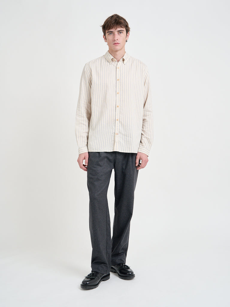 Video of Model wearing Oliver Spencer Cream Striped Shirt