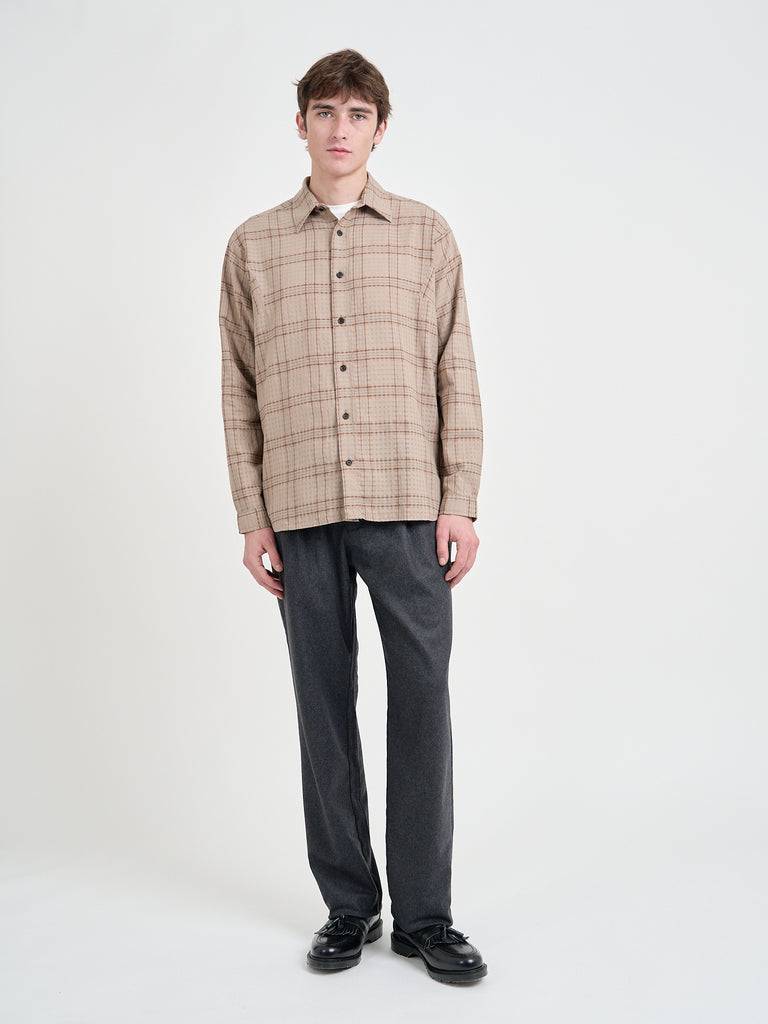 Video of Model wearing Oliver Spencer Men's Beige Organic Cotton Overshirt