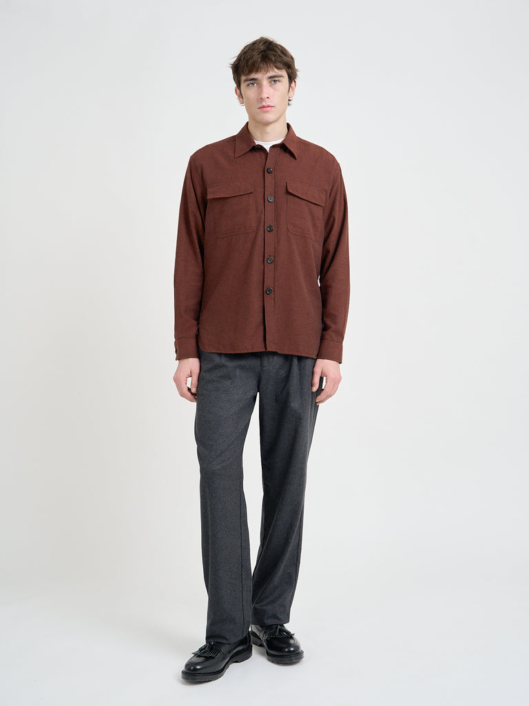 Video of model wearing Oliver Spencer Men's Rust Brushed Cotton Overshirt