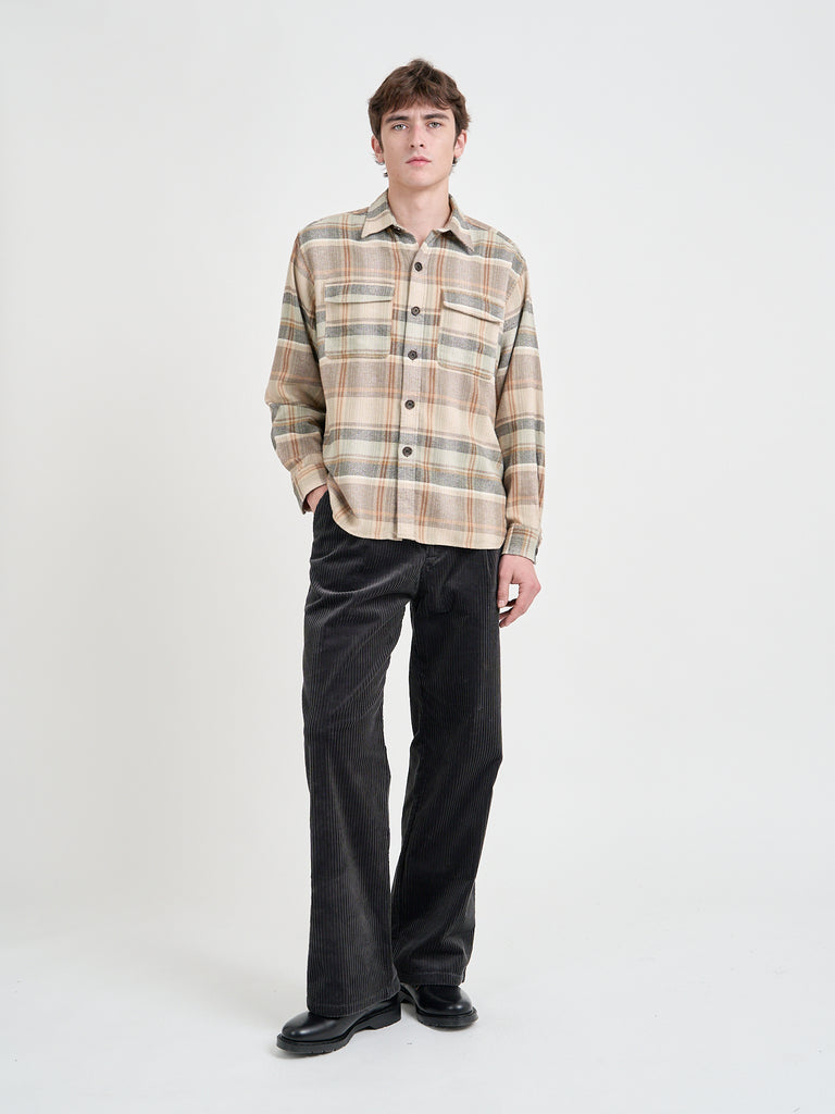 Video of model wearing an Oliver Spencer Men's Beige Brushed Cotton Check Overshirt