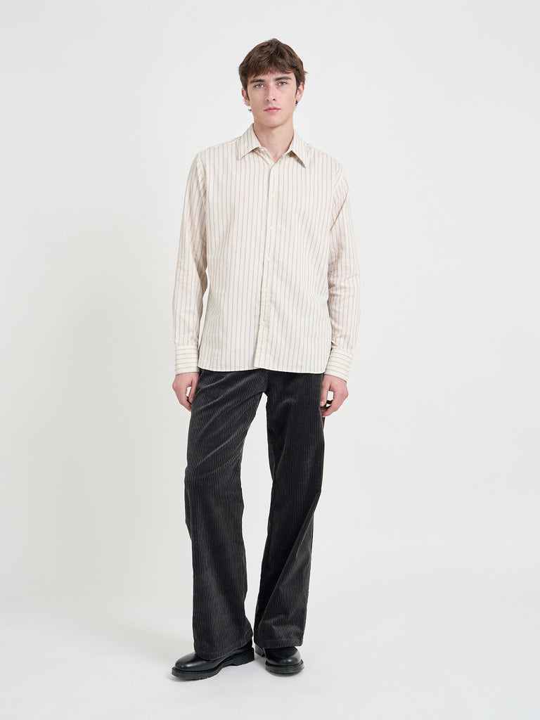 Video of Model wearing Oliver Spencer Men's Cream Stripe Organic Cotton Shirt